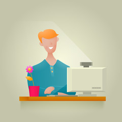 Blogging and video blogging by a funny character by a man at a computer table. Vector illustration.