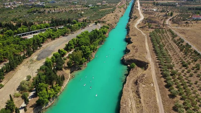 Aerial video taken by drone of Corinth Canal of Isthmos or Isthmus connecting mainland with Peloponnese, Greece