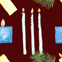Watercolor hand painted nature celebrate seamless pattern with green christmas tree fir branches, three white candles, yellow candles, blue candles with burning flame isolated on the marron background