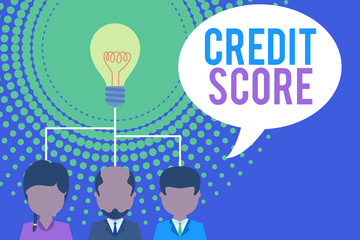 Word writing text Credit Score. Business photo showcasing Represent the creditworthiness of an individual Lenders rating Group three executive persons sharing idea icon. Startup team meeting