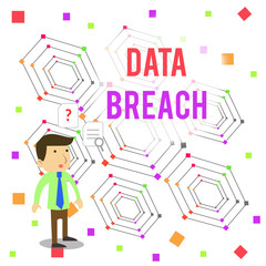 Fototapeta premium Word writing text Data Breach. Business photo showcasing security incident where sensitive protected information copied Young Male Businessman Office Worker Standing Searching Problem Solution