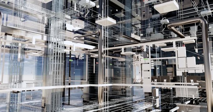 Timelapse visualization of a BIM model of an office building with transparent walls