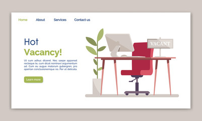 Hot vacancy landing page vector template. Vacant job position website interface idea with flat illustrations. Staff search homepage layout. Job opportunity web banner, webpage cartoon concept