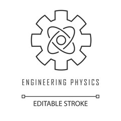 Engineering physics linear icon. Cogwheel and atom structure model. Mechanical engineering. Nano technologies. Thin line illustration. Contour symbol. Vector isolated outline drawing. Editable stroke