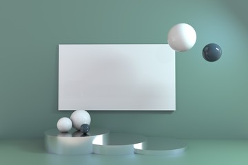 abstract 3D illustration white board, pedestal balls