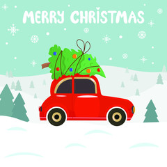 Vector graphics. Cartoon illustration of red car, Christmas tree, snowflakes. Hand written text. Christmas greeting card. 