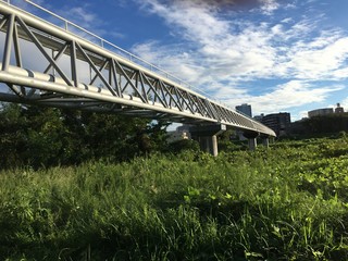 Fototapeta premium An unusual pipe-only bridge. A well-designed bridge that crosses the river called Asakawa flowing through Hachioji City, Tokyo.
