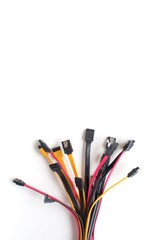 Red, black and yellow computer data cables. Data storage, network server infrastructure concept....