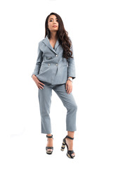 Fototapeta premium Asian business woman wearing gray work suit are standing strive, looking at the front isolated on white background and shadow.