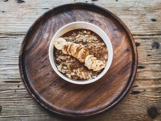 brown sugar and bananas in bowl of oatmeal on wooden table