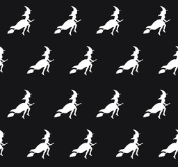 Vector seamless pattern of white witch silhouette flying broom isolated on black background. Halloween illustration