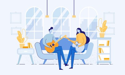Couple Sitting in Room on Sofa and Playing Guitar.