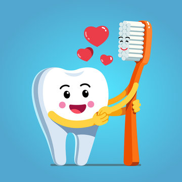 Happy, funny tooth embracing toothbrush with love