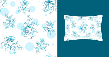 White seamless pattern with blue roses, leaves and circles for textile, packing paper, bedlinen, pillow, undergarment, wallpaper. Mock up, template pillow with this pattern. Vector illustration.