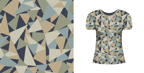 Abstract seamless pattern wiht blue, brown, green triangles and mock up T-shirt whith this pattern on white background. Vector texture for fabric, textile, wrapping paper. Ornament.