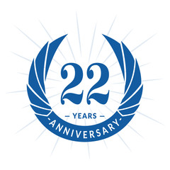 22nd years anniversary celebration design. Twenty-two years logotype. Blue vector and illustration.