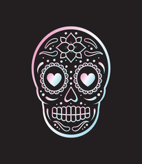 Vector holographic Mexican sugar skull and flowers isolated on black background. Day of the dead illustration