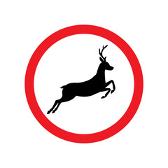 Vector flat black deer silhouette in red circle. Warning road sign isolated on white background