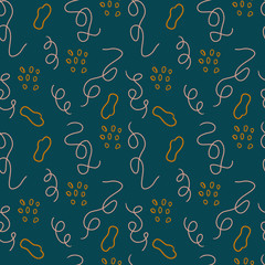Abstract trendy seamless pattern with different rounded shapes and lines  on dark background. Simple geometric texture. Modern textile, branding, packaging.