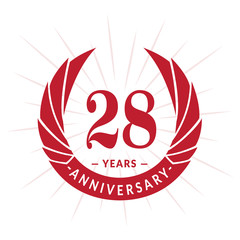 28th years anniversary celebration design. Twenty-eight years logotype. Red vector and illustration.