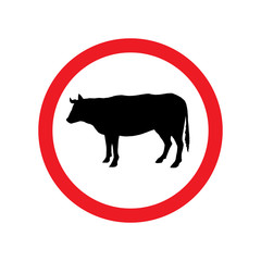 Vector black cow silhouette in red circle. Attention road sign isolated on white background