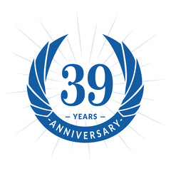 39th years anniversary celebration design. Thirty-nine years logotype. Blue vector and illustration.