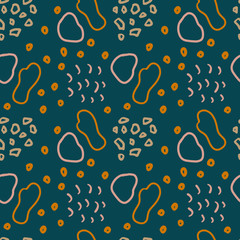 Abstract trendy seamless pattern with different rounded shapes, lines, strokes on dark background. Simple geometric texture. Modern textile, branding, packaging.