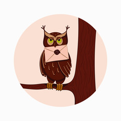 Hand-drawn vector illustration of an owl with a letter in its beak. Cartoon style with uneven strokes