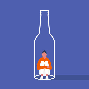 recommend clip art: Alcoholism. Young male character trapped inside a bottle. Addiction. Booze. Flat editable vector illustration, clip art
