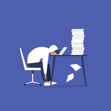 recommend clip art: Professional burnout. Young exhausted male manager sitting at the office. Long working day. Millennials at work. Flat editable vector illustration, clip art