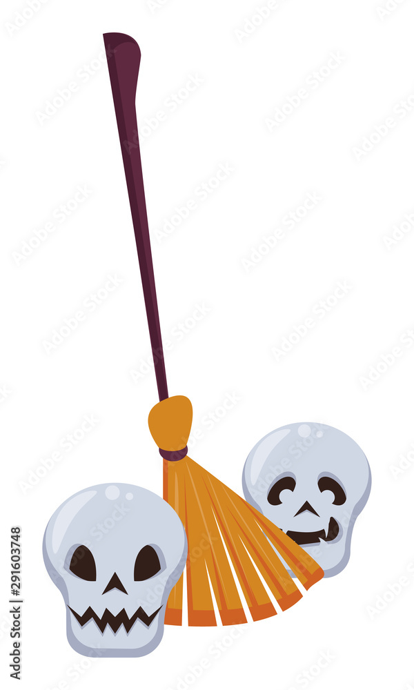 Sticker halloween skulls heads with broom