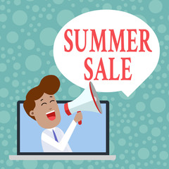 Handwriting text Summer Sale. Conceptual photo Annual discount events that takes place during summer season Man Speaking Through Laptop into Loudhailer Blank Speech Bubble Announce