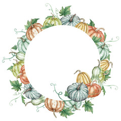 Watercolor round frame with colorful pumpkins and green leaves. Botanical autumn illustration.