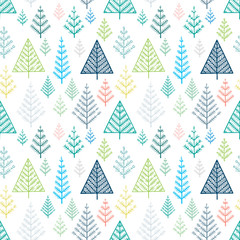 Spruce hand drawn endless background. Christmas trees seamless pattern. Fir-tree sketch texture. Part of set. 