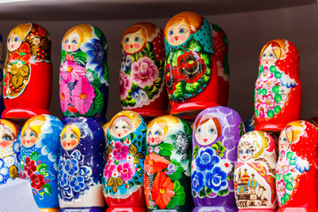 Traditional souvenirs from Russia - colorful nesting dolls, also known as matryoshka, babushka, stacking dolls, or Russian dolls