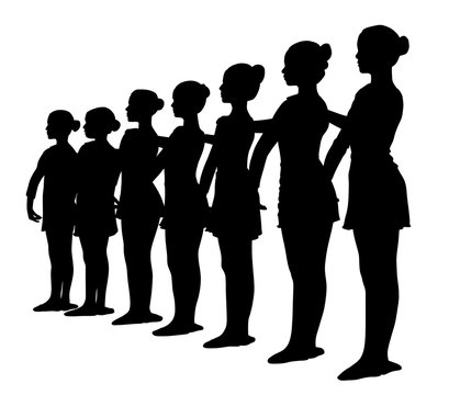 Silhouettes of seven ballerinas standing in a row