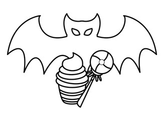 halloween sweet candies and cupcake with bat fliying