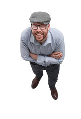 top view. a young man in a checkered cap