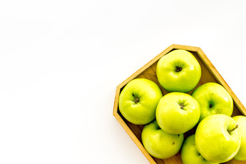 Juicy green apples on white background top view copy space