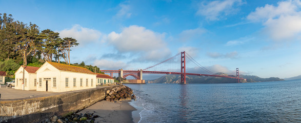 View of Golden Gate Bridge along the coastline in San Francisco