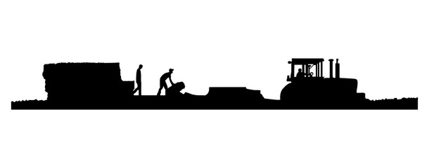 EPS8 Vector. Black and white Silhouettes of a tractor pulling a baler and wagon in a field of straw or hay with two men working on the wagon.  One with a drop shadow and one without.