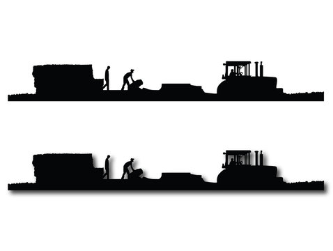 Black And White Silhouettes Of A Tractor Pulling A Baler And Wagon In A Field Of Straw Or Hay With Two Men Working On The Wagon.  One With A Drop Shadow And One Without.