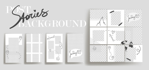  Design backgrounds for social media banner.Set of instagram stories and post frame templates.Vector cover. Mockup for personal blog or shop.Layout for promotion.Endless square puzzle.