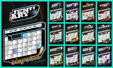 Collection of sports wall calendar for 2020. Retro style calendar template with holidays with different sports and equipment. Black background.