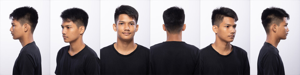 Collage pack group of Asian Teenager man after make up hair style. no retouch, fashion face, express many feeling and posing. Studio lighting white background isolated, rear side back view