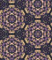 Moody wax print daisy flower background. Seamless pattern with golden bleached resist background. Irregular purple dip dyed batik textile. Variegated color in indonesia style trendy fashion all over.