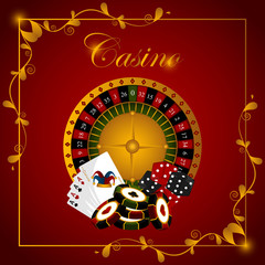 Casino poster with roulette, playing card, poker chips nad dices - Vector
