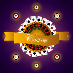 Casino poster with a roulette and playing cards - Vector