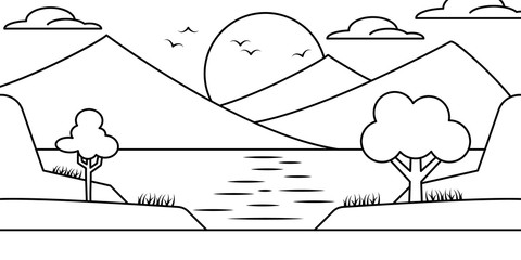 Landscape mountain lake sun bird isle illustration