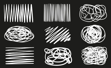 Hand drawn abstract shapes on black. Grungy hatching backgrounds with array of lines. Stroke chaotic patterns. Black and white illustration. Sketchy elements for design